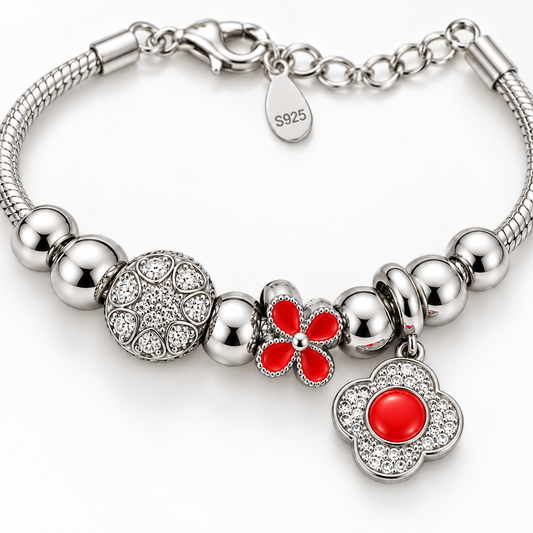 Red Floral Charm Bracelet