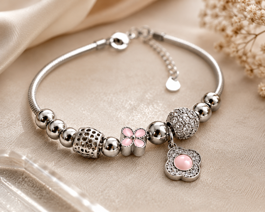 Silver Blossom Charm Bracelet – Pink Floral Charm Adjustable Bracelet