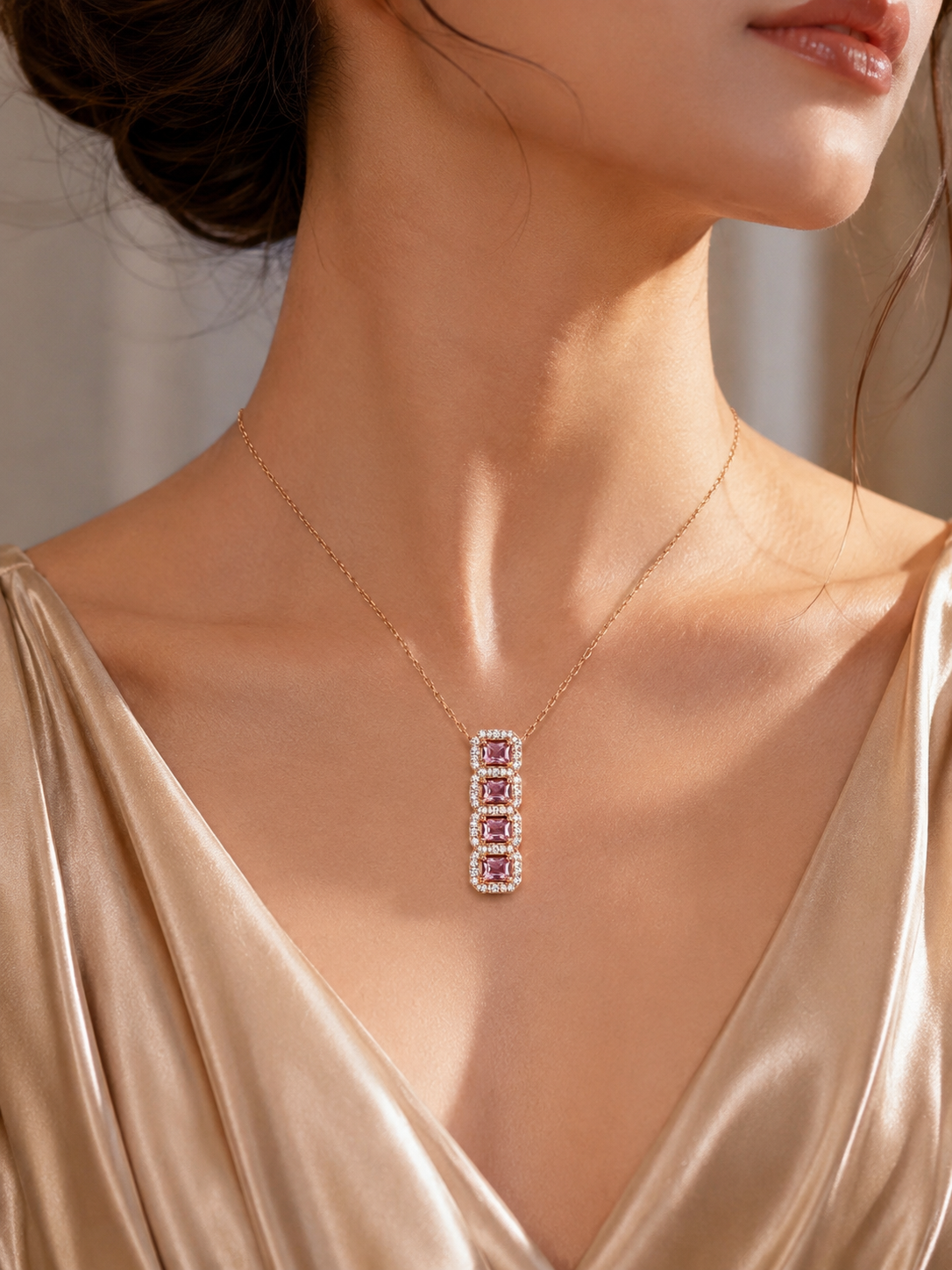925 Sterling Silver Pink Princess-Cut Halo Pendant Necklace | Rose Gold Plated | CZ Diamond Necklace