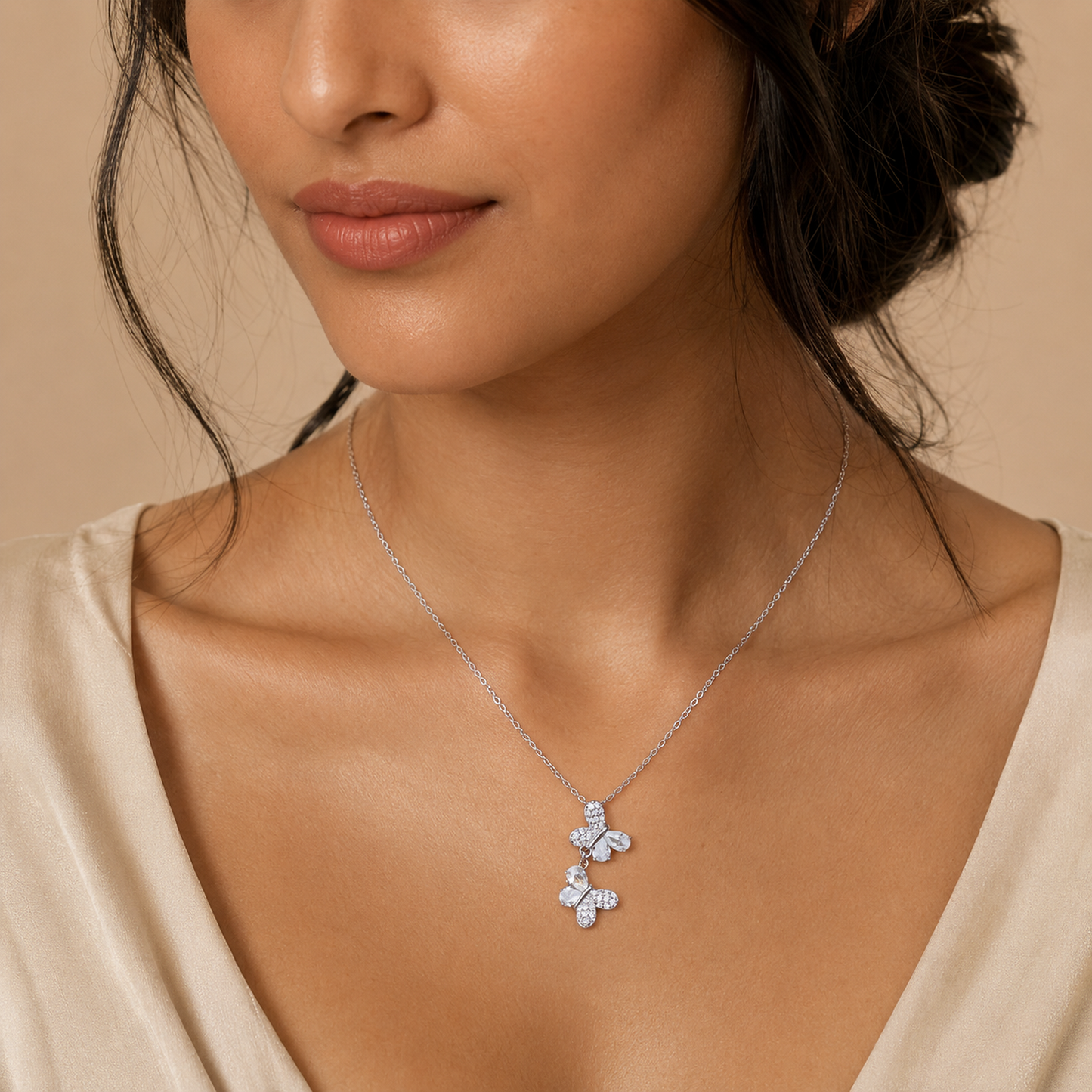 925 Sterling Silver Double Butterfly Drop Necklace