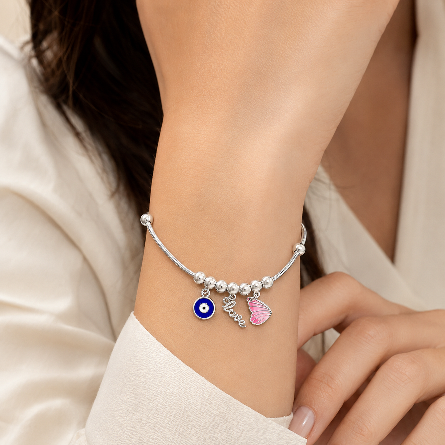 Evil Eye, Love & Pink Wing Charm Bracelet