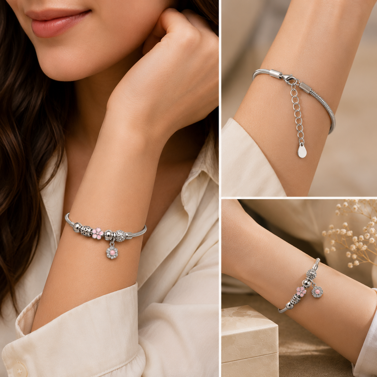 Silver Blossom Charm Bracelet – Pink Floral Charm Adjustable Bracelet