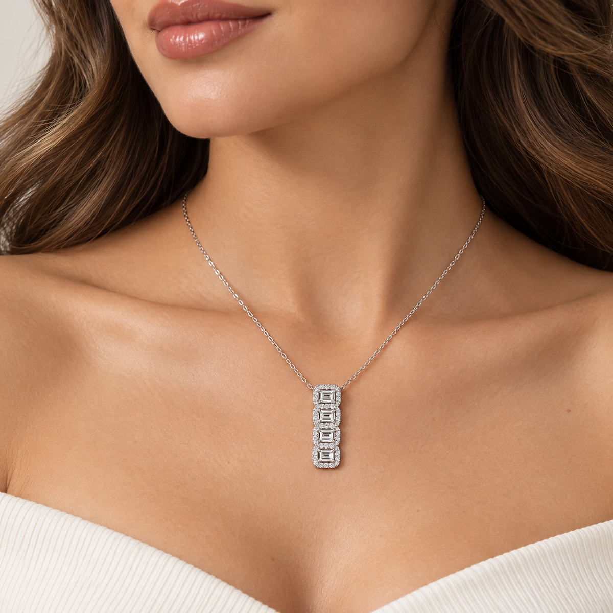 Four-Stone Emerald Halo Pendant Necklace