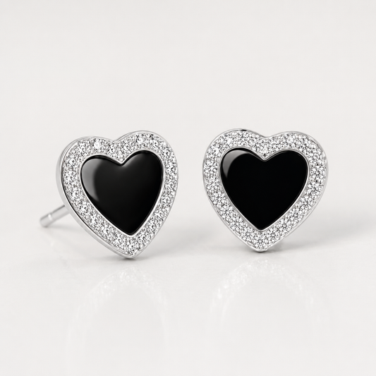 Black Heart 925 Sterling Silver Stud Earrings