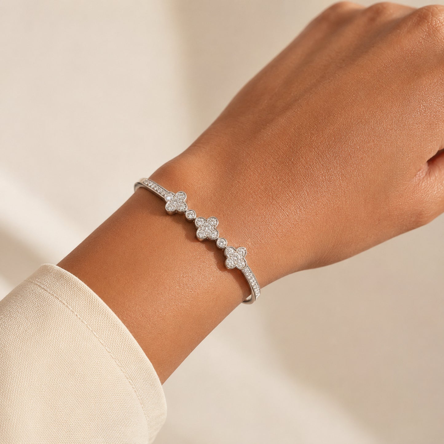 Silver Three-Clover Pavé Bangle