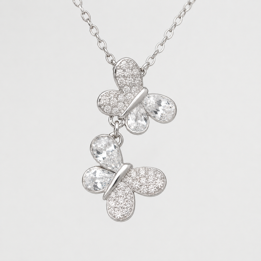 925 Sterling Silver Double Butterfly Drop Necklace