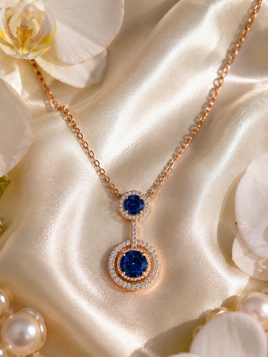 925 Sterling Silver Double Halo Blue Sapphire Pendant Necklace | Rose Gold Plated
