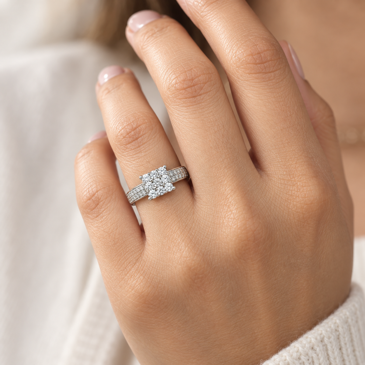 Square Cluster Pavé Silver Ring