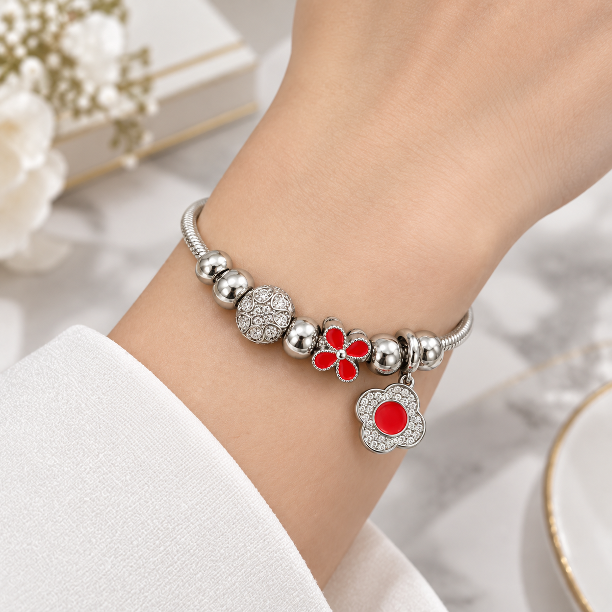 Red Floral Charm Bracelet