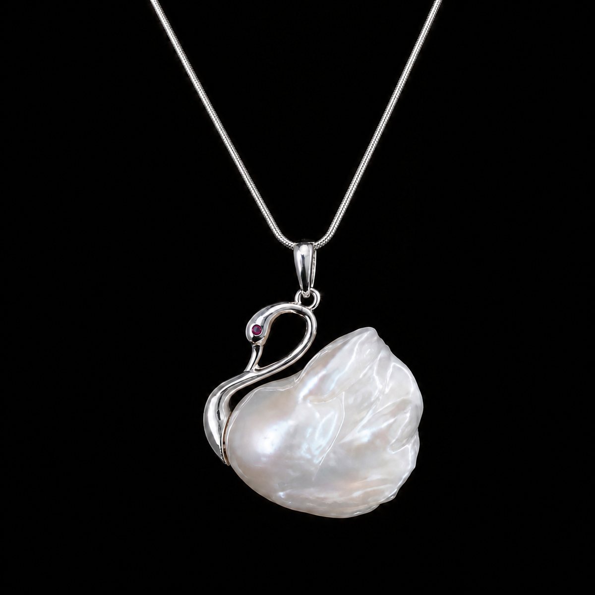 Baroque Pearl Swan Pendant Necklace with Silver Snake Chain