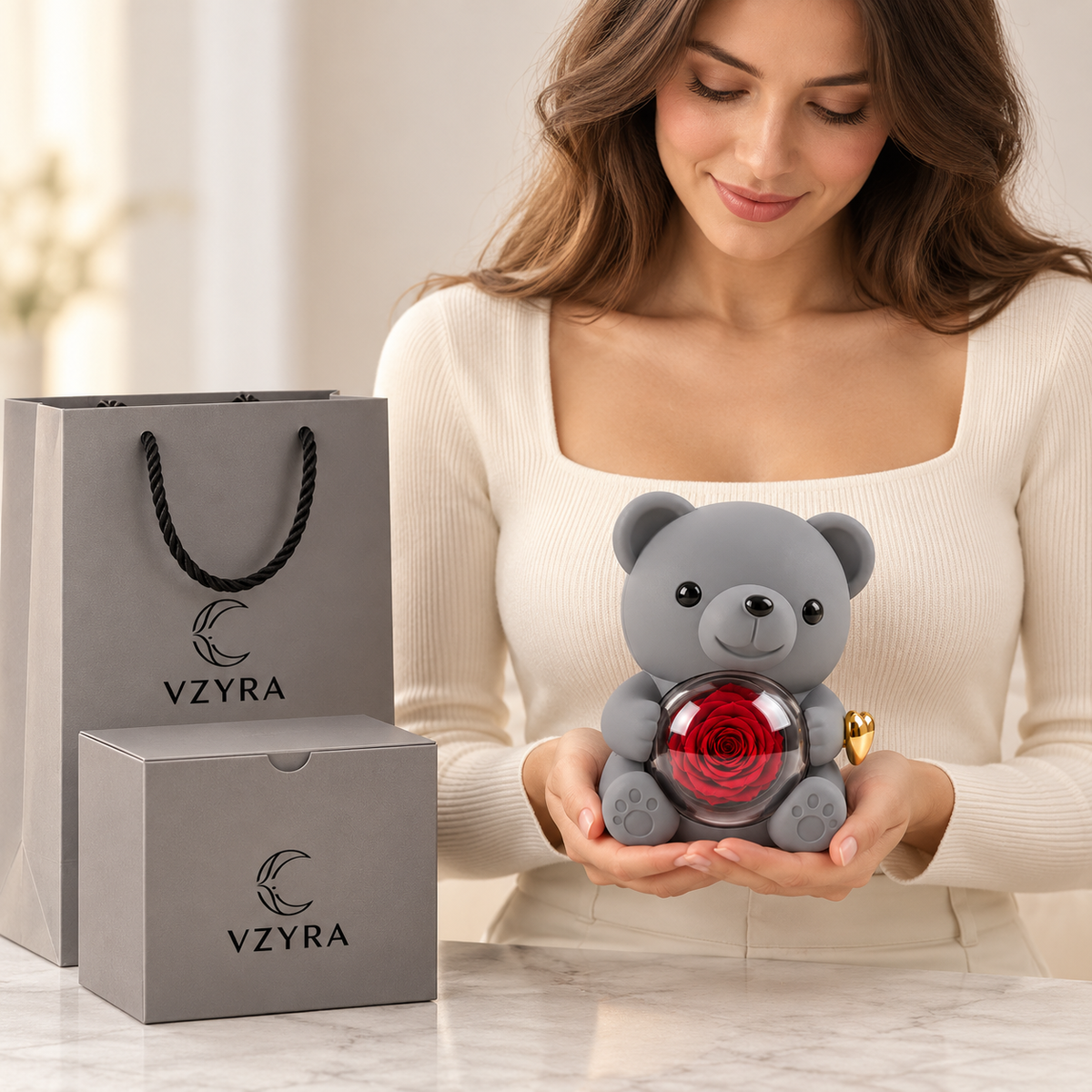 Grey Teddy Rose Surprise Jewellery Box
