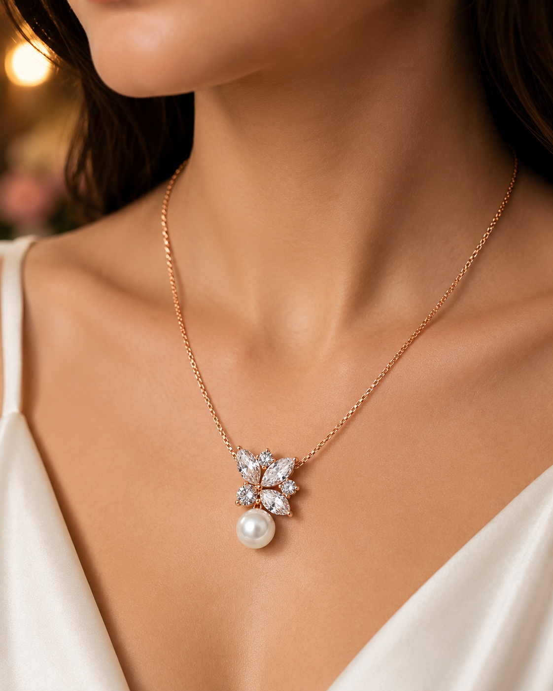 925 Sterling Silver Floral Pearl Pendant Necklace | Rose Gold Plated | Cubic Zirconia Flower Necklace for Women