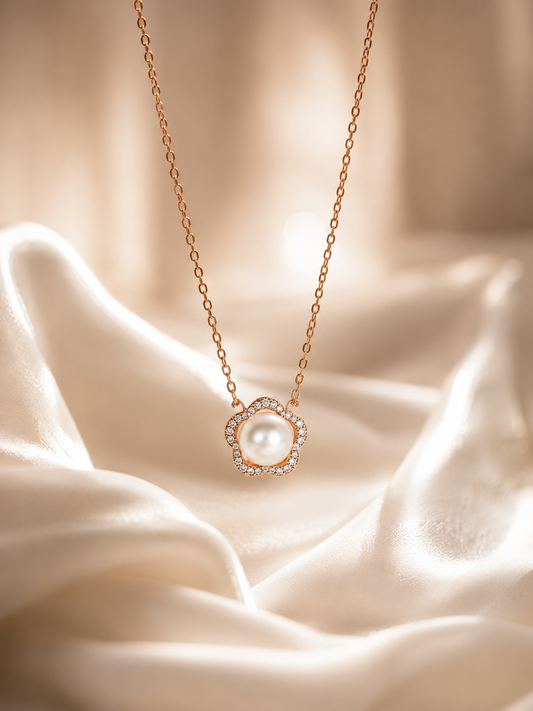 925 Sterling Silver Pearl Flower Pendant Necklace | Rose Gold Plated | Cubic Zirconia Floral Necklace for Women