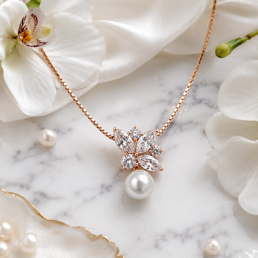 925 Sterling Silver Floral Pearl Pendant Necklace | Rose Gold Plated | Cubic Zirconia Flower Necklace for Women