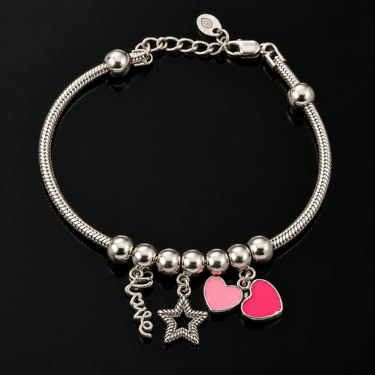 Silver Pink Heart Charm Bracelet
