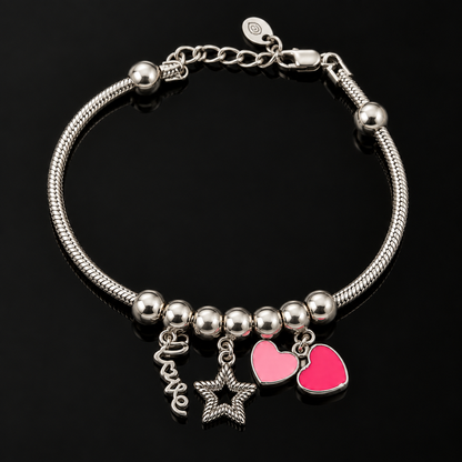 Silver Pink Heart Charm Bracelet