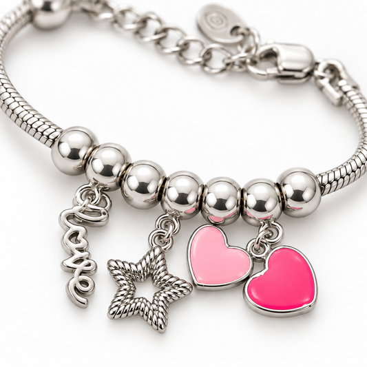 Silver Pink Heart Charm Bracelet
