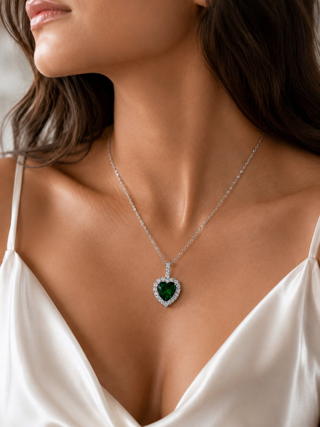 925 Sterling Silver Emerald Heart Pendant Necklace | Heart-Cut Green Cubic Zirconia Halo Necklace for Women
