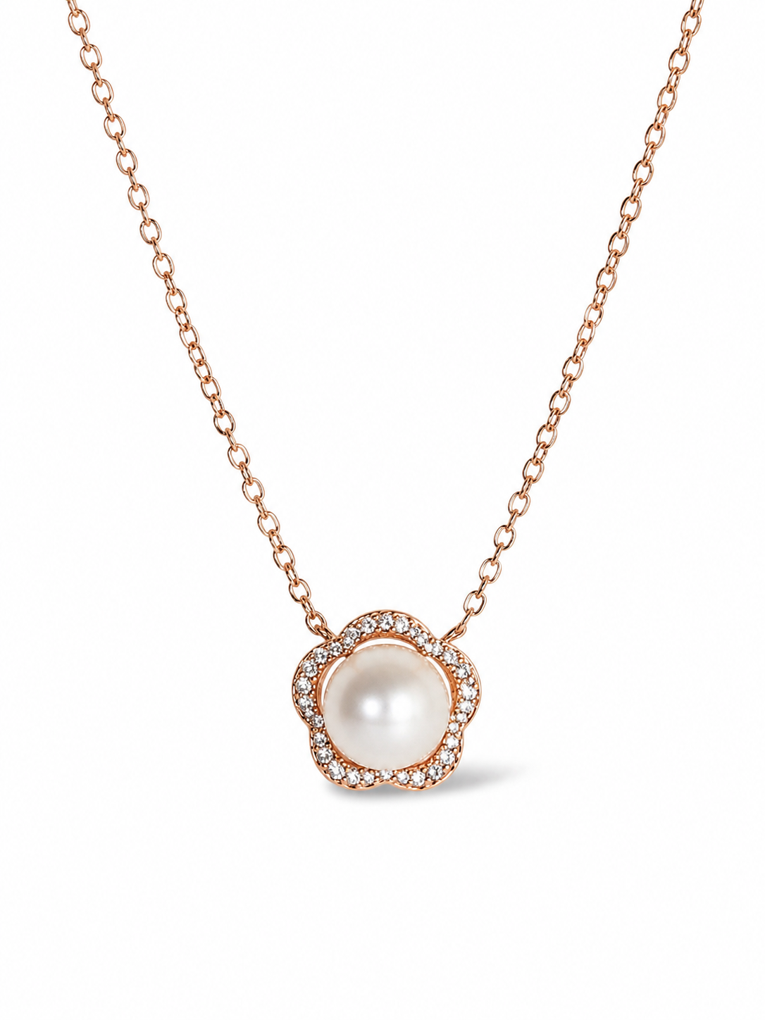 925 Sterling Silver Pearl Flower Pendant Necklace | Rose Gold Plated | Cubic Zirconia Floral Necklace for Women