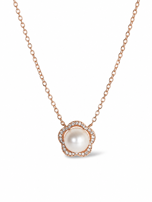 925 Sterling Silver Pearl Flower Pendant Necklace | Rose Gold Plated | Cubic Zirconia Floral Necklace for Women