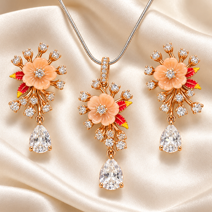 Peach Blossom Teardrop Necklace & Earrings Set