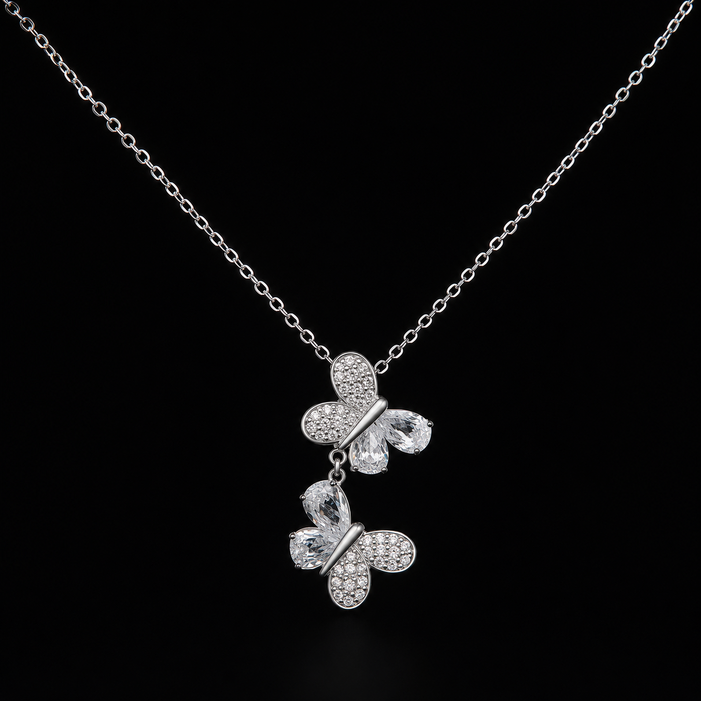 925 Sterling Silver Double Butterfly Drop Necklace