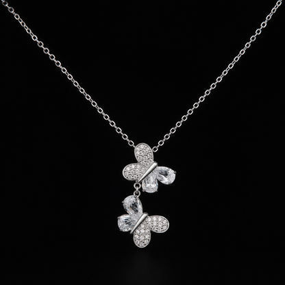 925 Sterling Silver Double Butterfly Drop Necklace