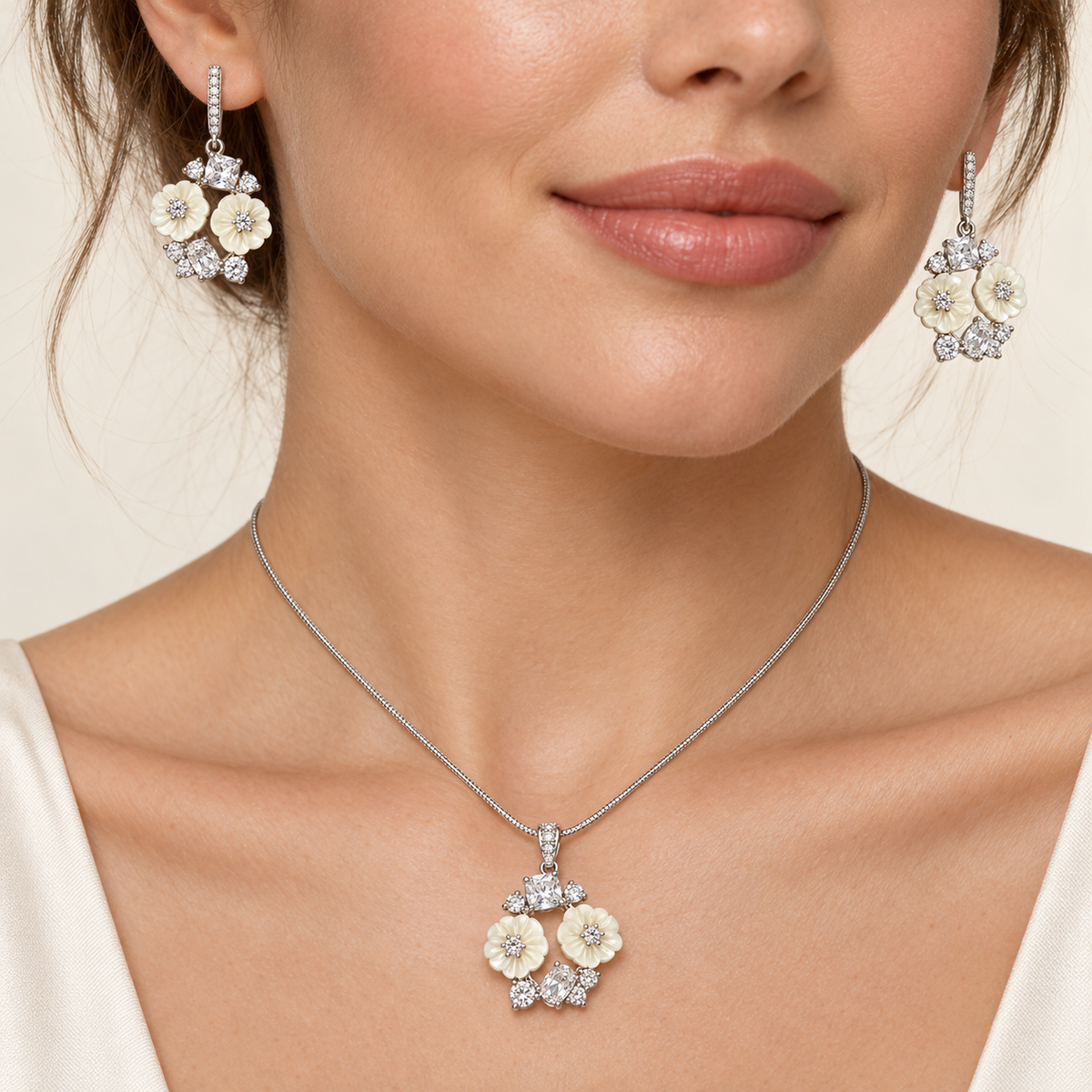 Ivory Blossom Necklace & Earrings Set