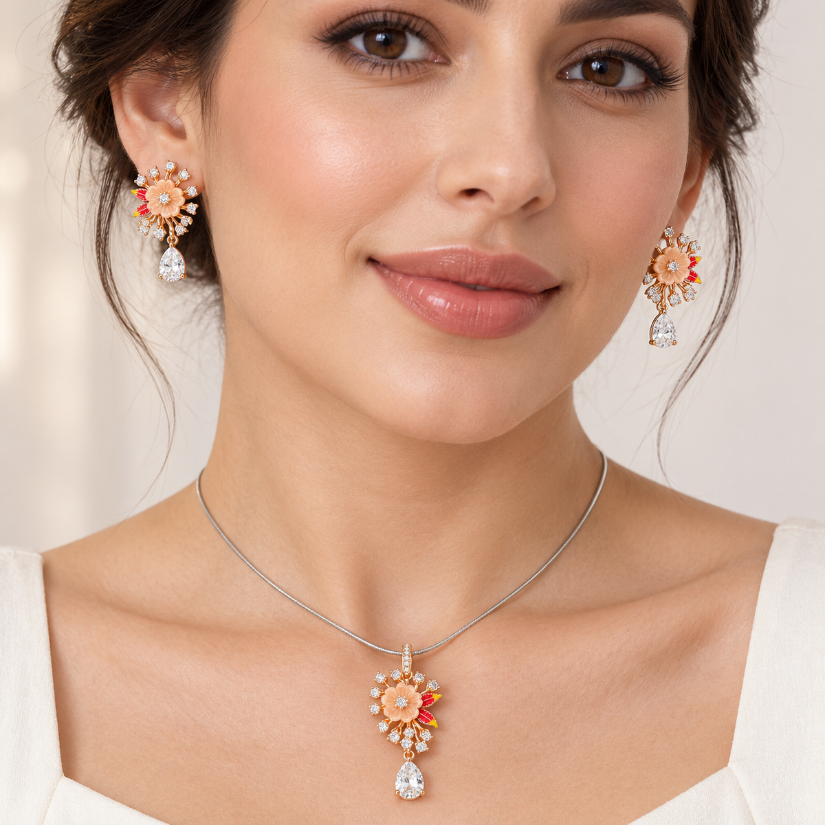 Peach Blossom Teardrop Necklace & Earrings Set