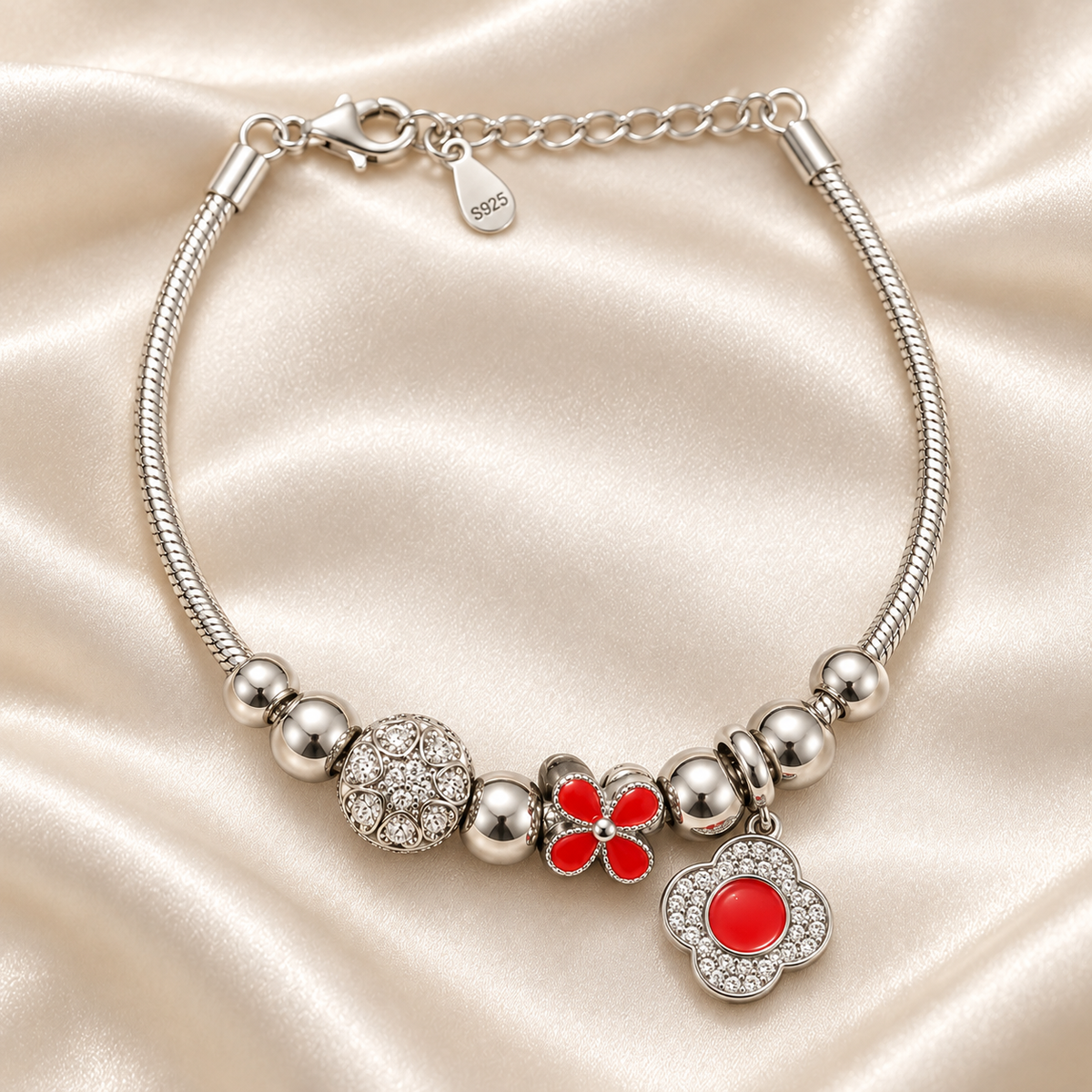 Red Floral Charm Bracelet