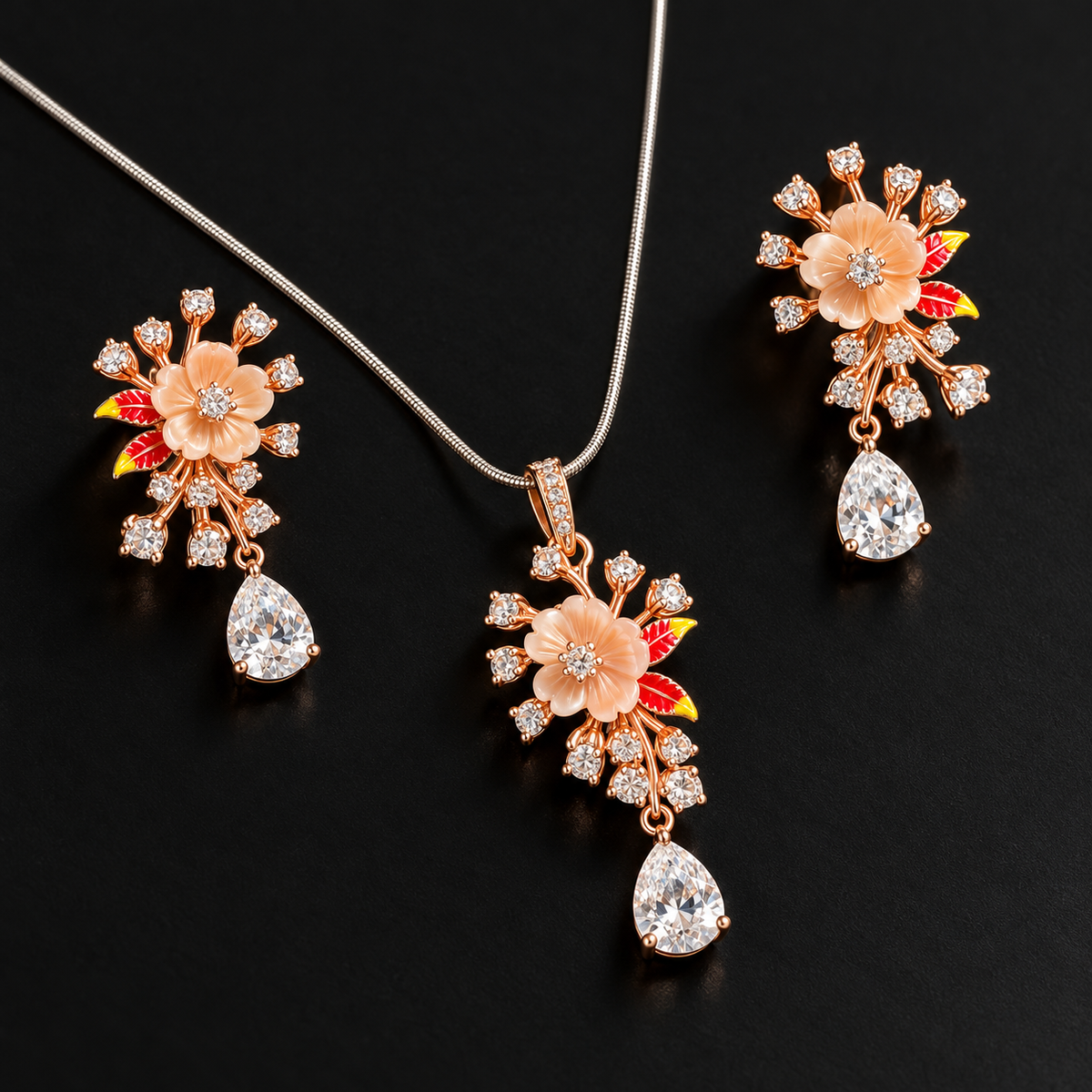 Peach Blossom Teardrop Necklace & Earrings Set