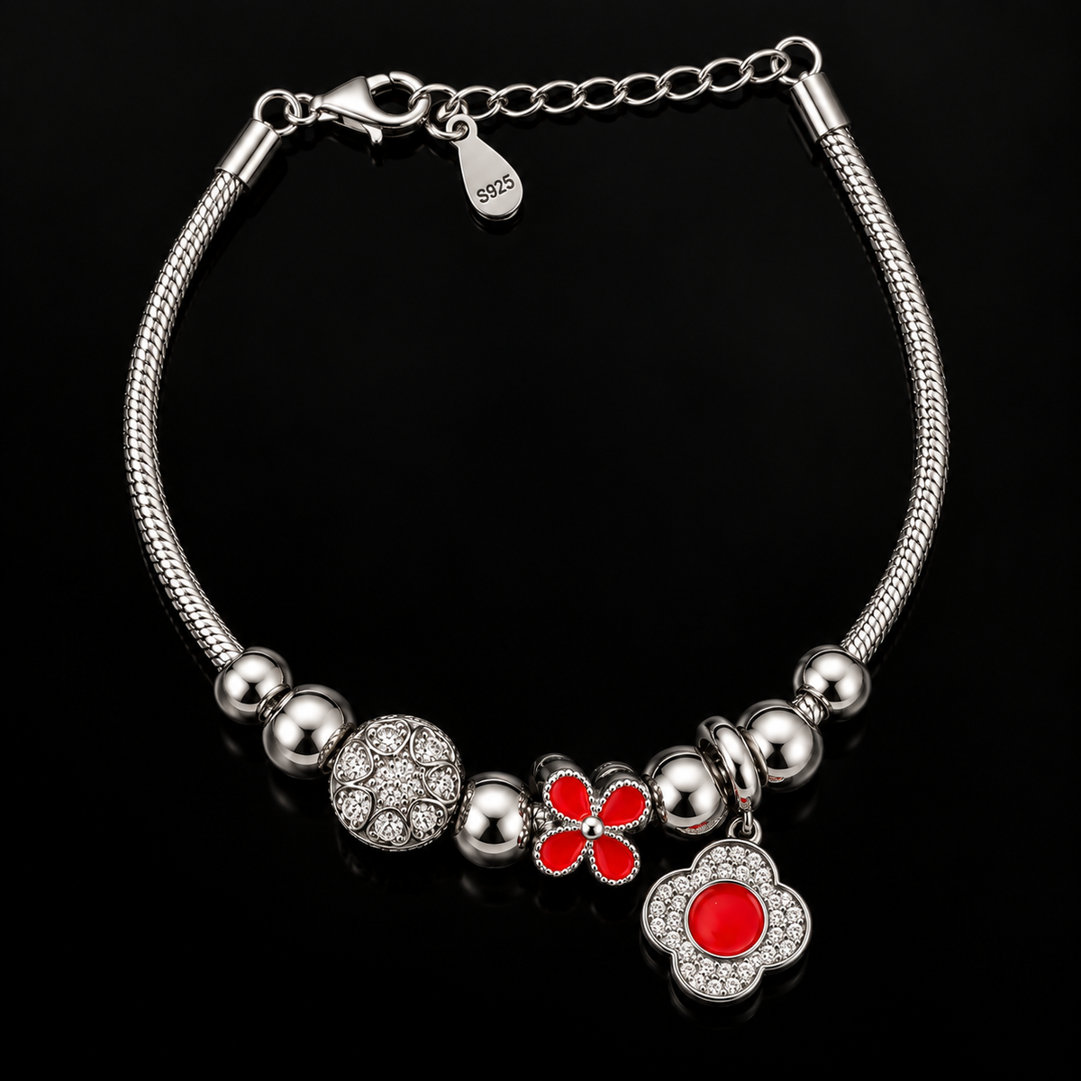 Red Floral Charm Bracelet