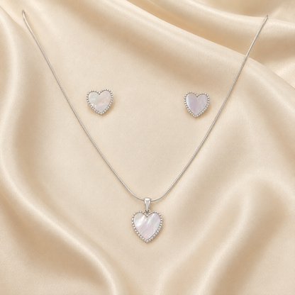 925 Sterling Silver Mother-of-Pearl Heart Necklace & Earring Set