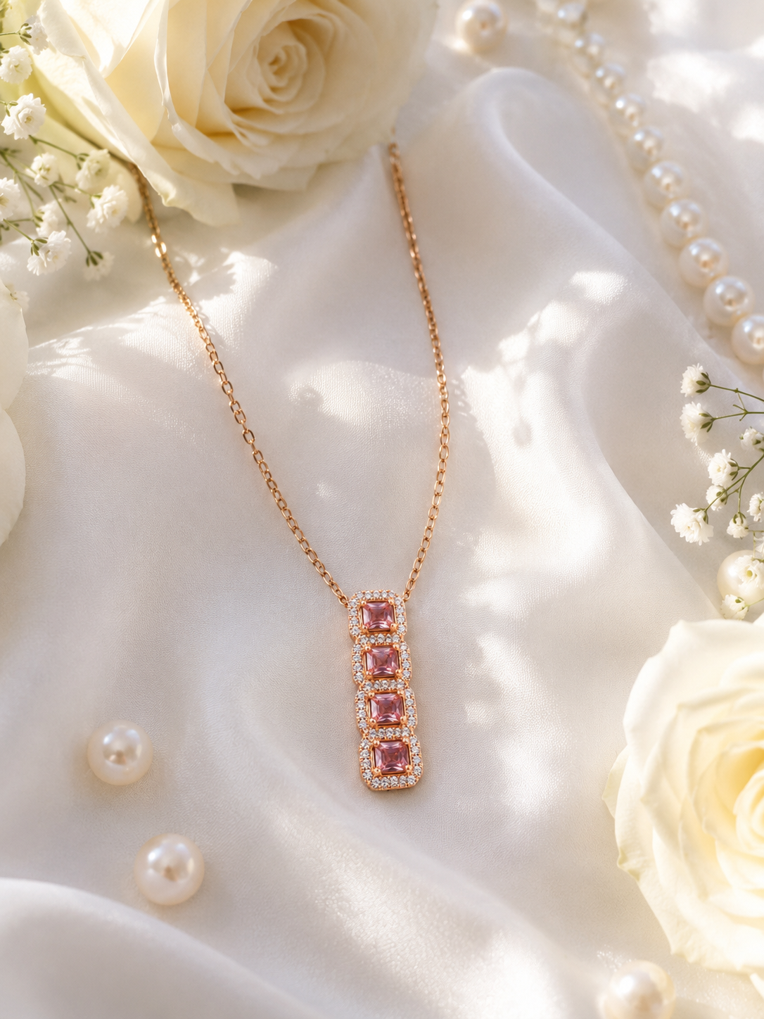 925 Sterling Silver Pink Princess-Cut Halo Pendant Necklace | Rose Gold Plated | CZ Diamond Necklace