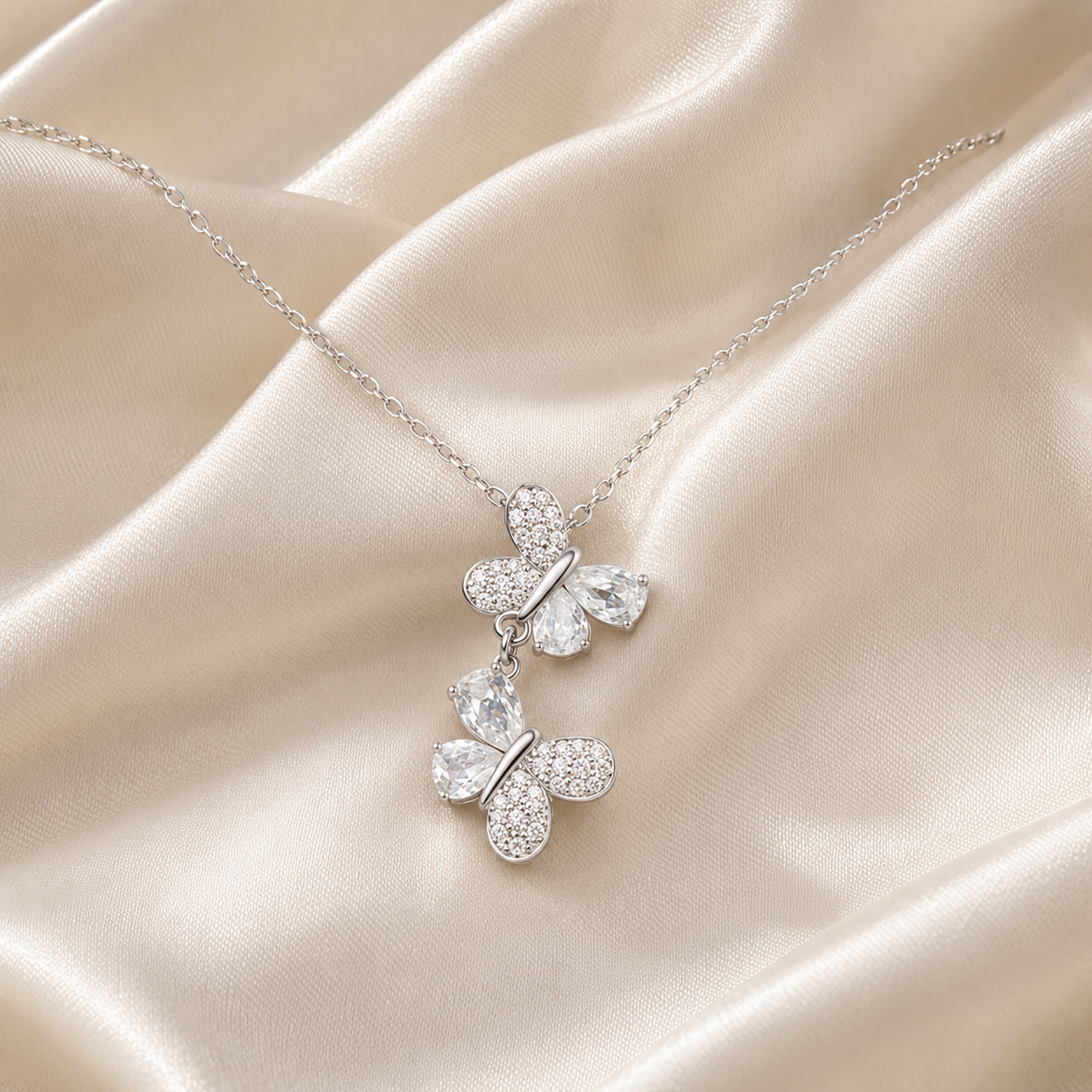 925 Sterling Silver Double Butterfly Drop Necklace