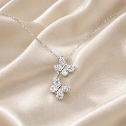 925 Sterling Silver Double Butterfly Drop Necklace