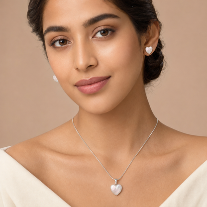 925 Sterling Silver Mother-of-Pearl Heart Necklace & Earring Set