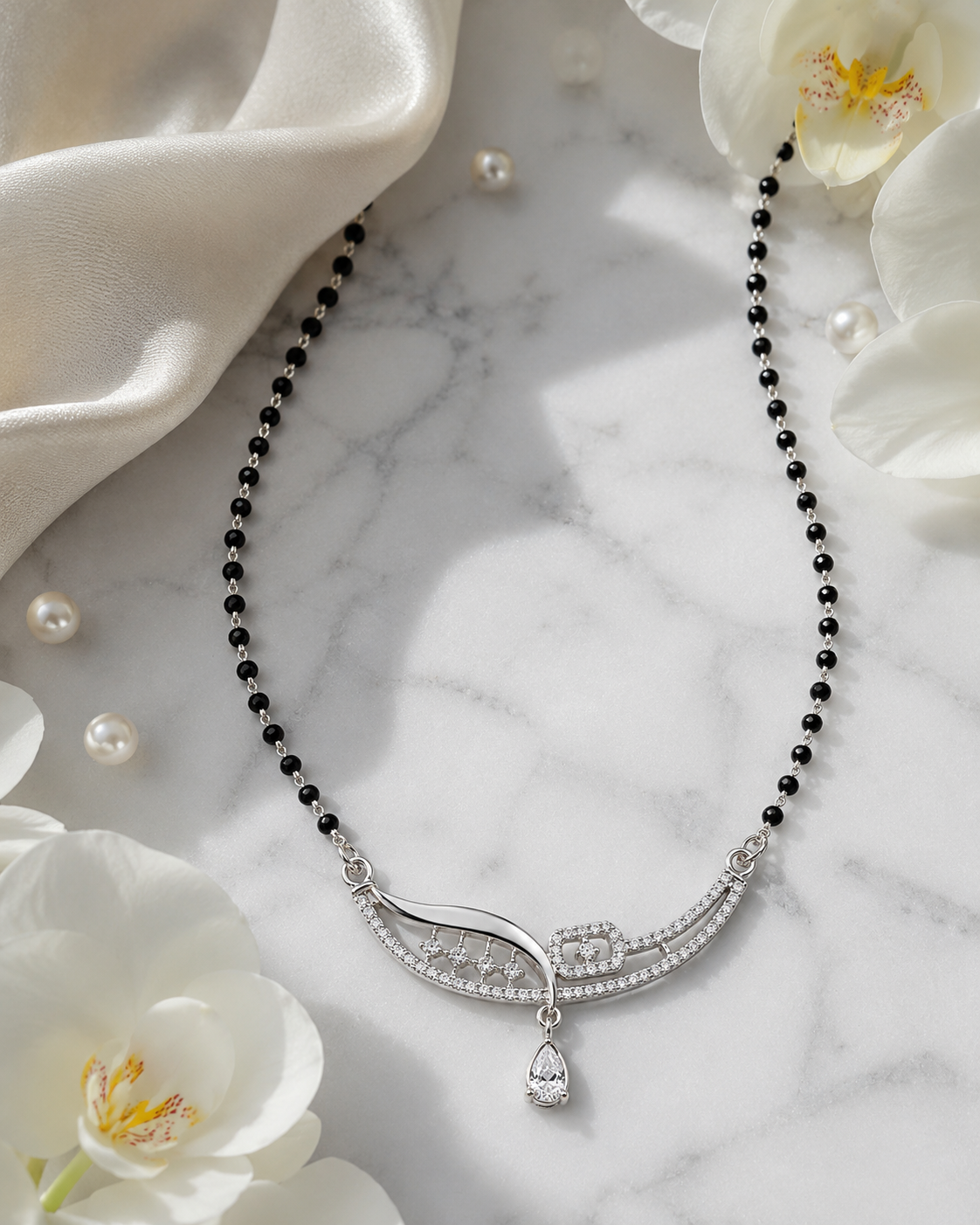 925 Sterling Silver Black Beaded Crystal Drop Mangalsutra