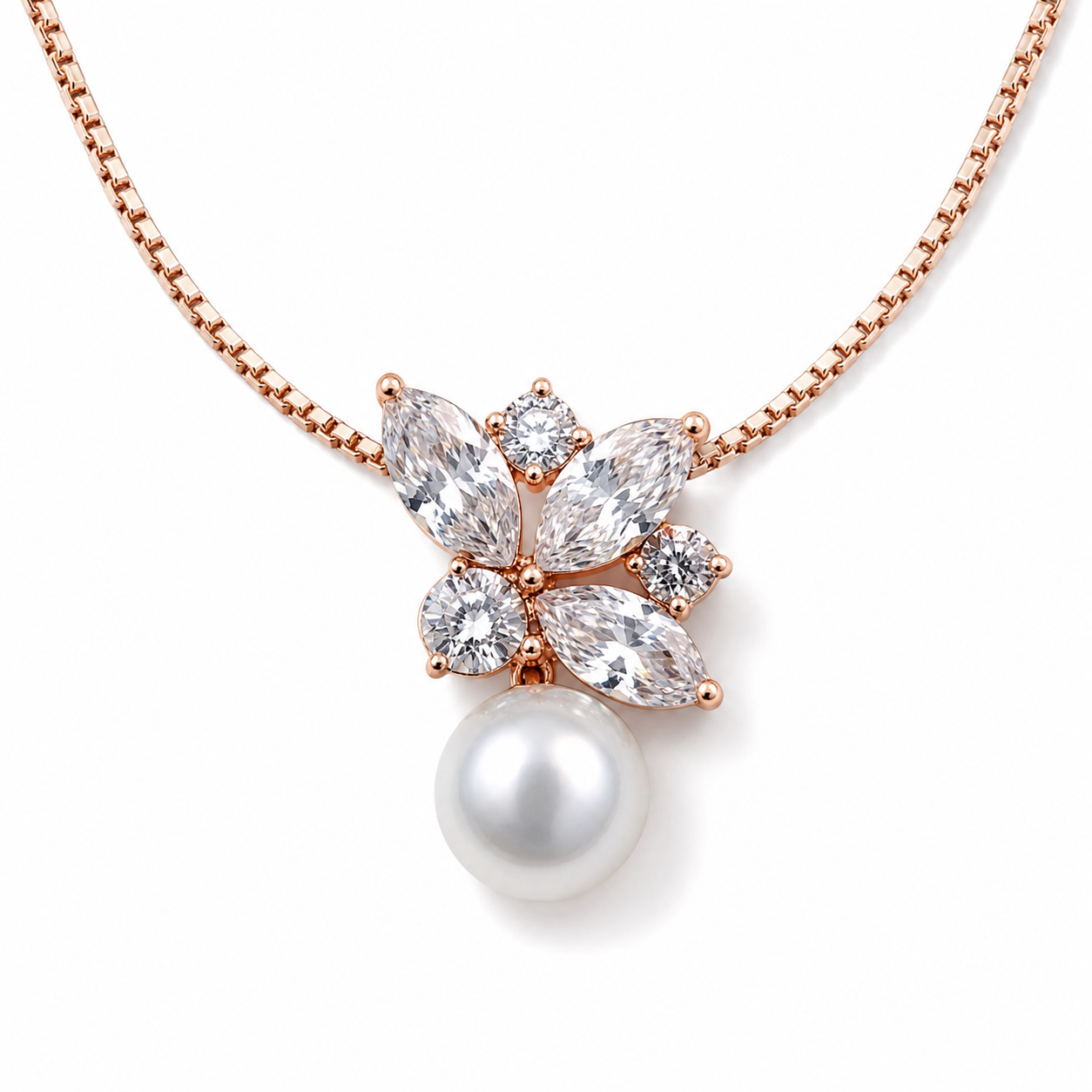 925 Sterling Silver Floral Pearl Pendant Necklace | Rose Gold Plated | Cubic Zirconia Flower Necklace for Women