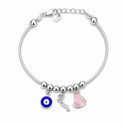 Evil Eye, Love & Pink Wing Charm Bracelet