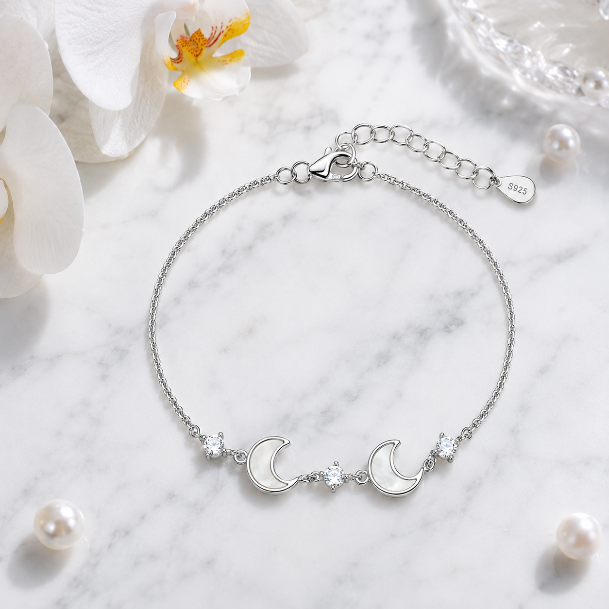 Double Crescent Moon Sterling Silver Bracelet