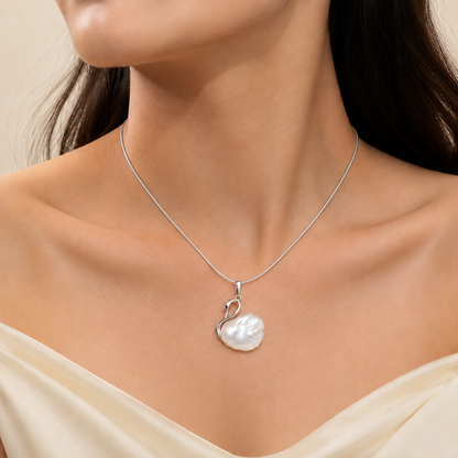 Baroque Pearl Swan Pendant Necklace with Silver Snake Chain