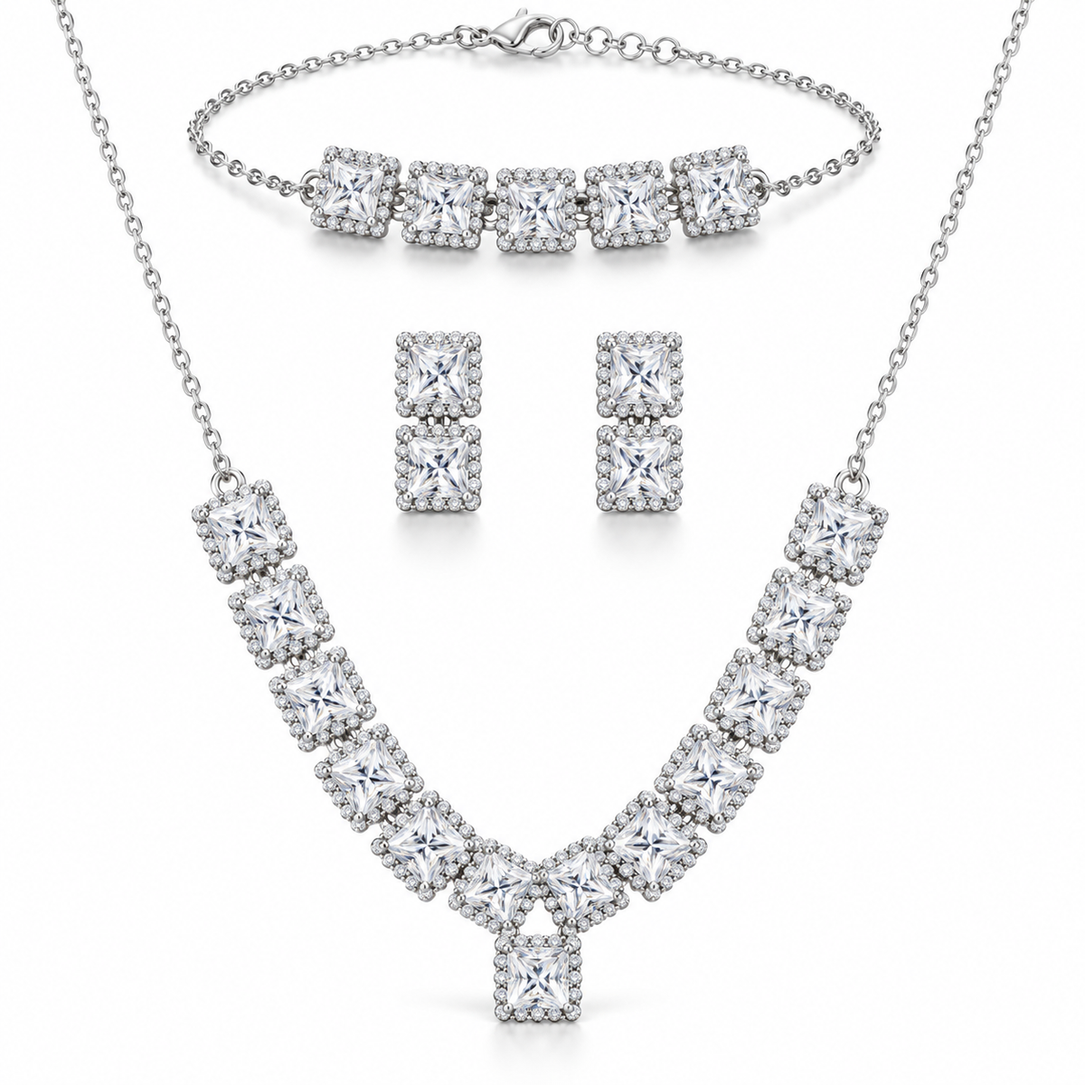 Princess-Cut Necklace Set with Bracelet & Earrings