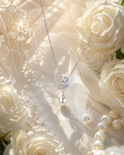 925 Sterling Silver Pearl Drop Pendant Necklace | Pear-Cut Cubic Zirconia | Elegant Floral Design