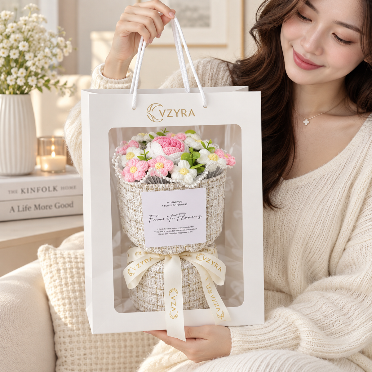 Crochet Flower Bouquet – Blush Pink & White