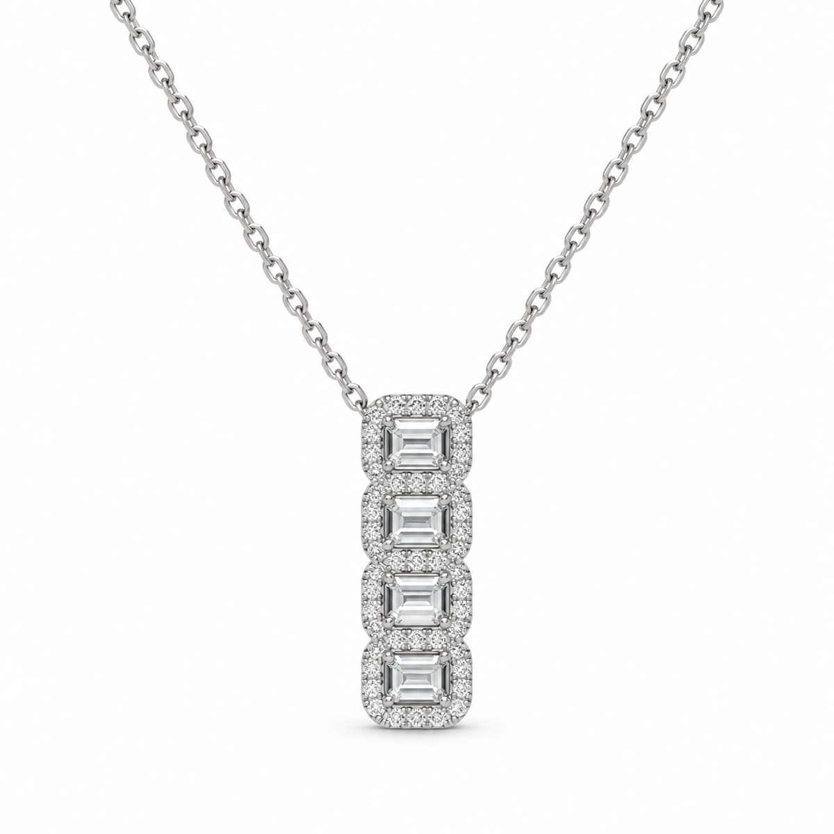 Four-Stone Emerald Halo Pendant Necklace