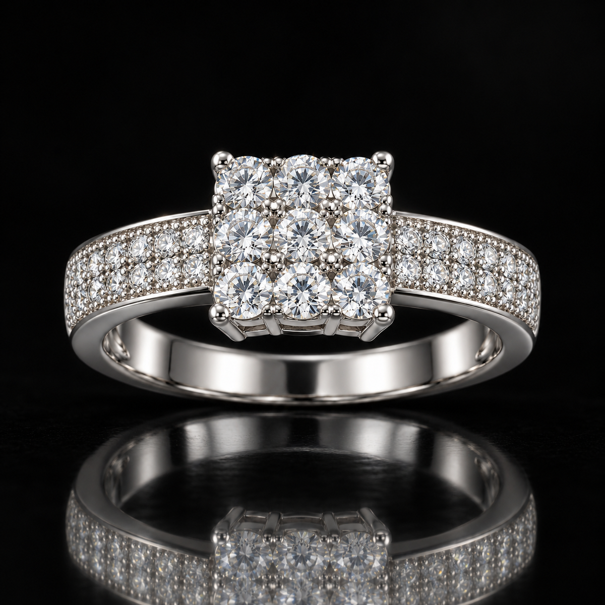 Square Cluster Pavé Silver Ring