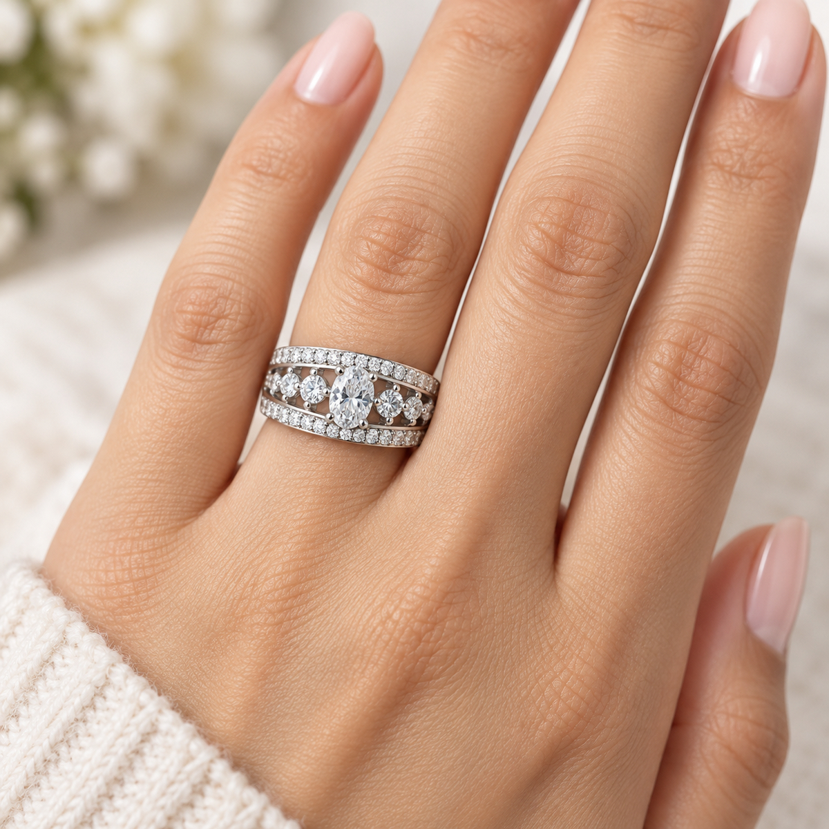Oval Sparkle Silver Statement Ring