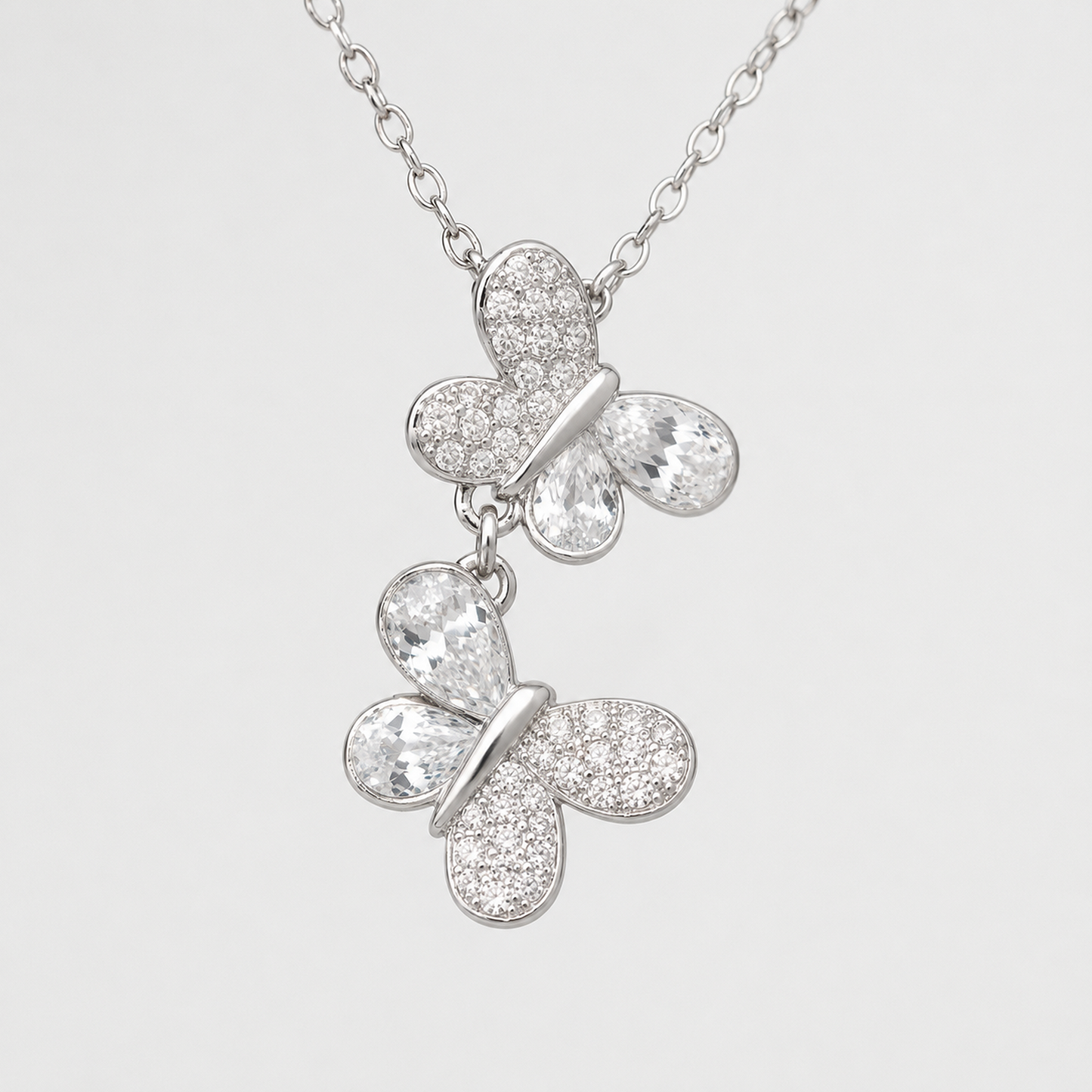 925 Sterling Silver Double Butterfly Drop Necklace