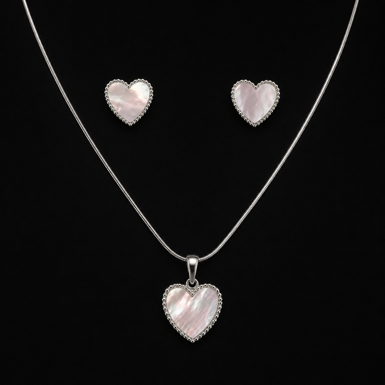 925 Sterling Silver Mother-of-Pearl Heart Necklace & Earring Set